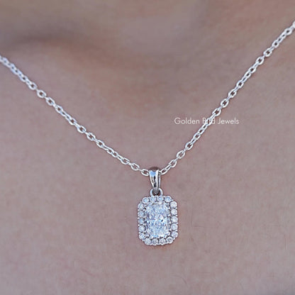 Close up view of Radiant Cut Lab Diamond Halo Pendant