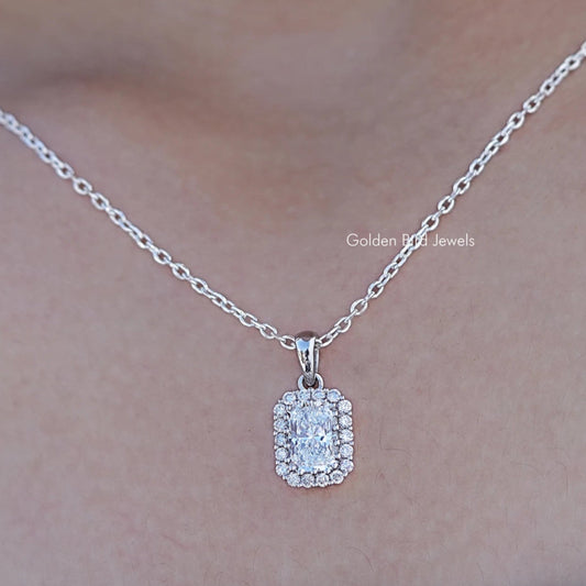 Close up view of Radiant Cut Lab Diamond Halo Pendant