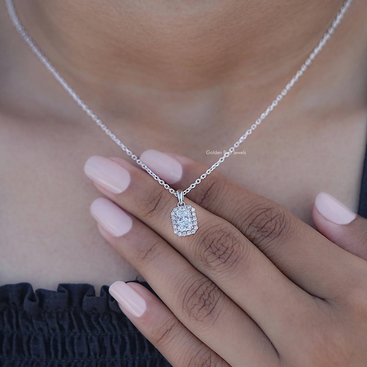 Display View of Halo Pendant In Radiant Cut Lab Diamond
