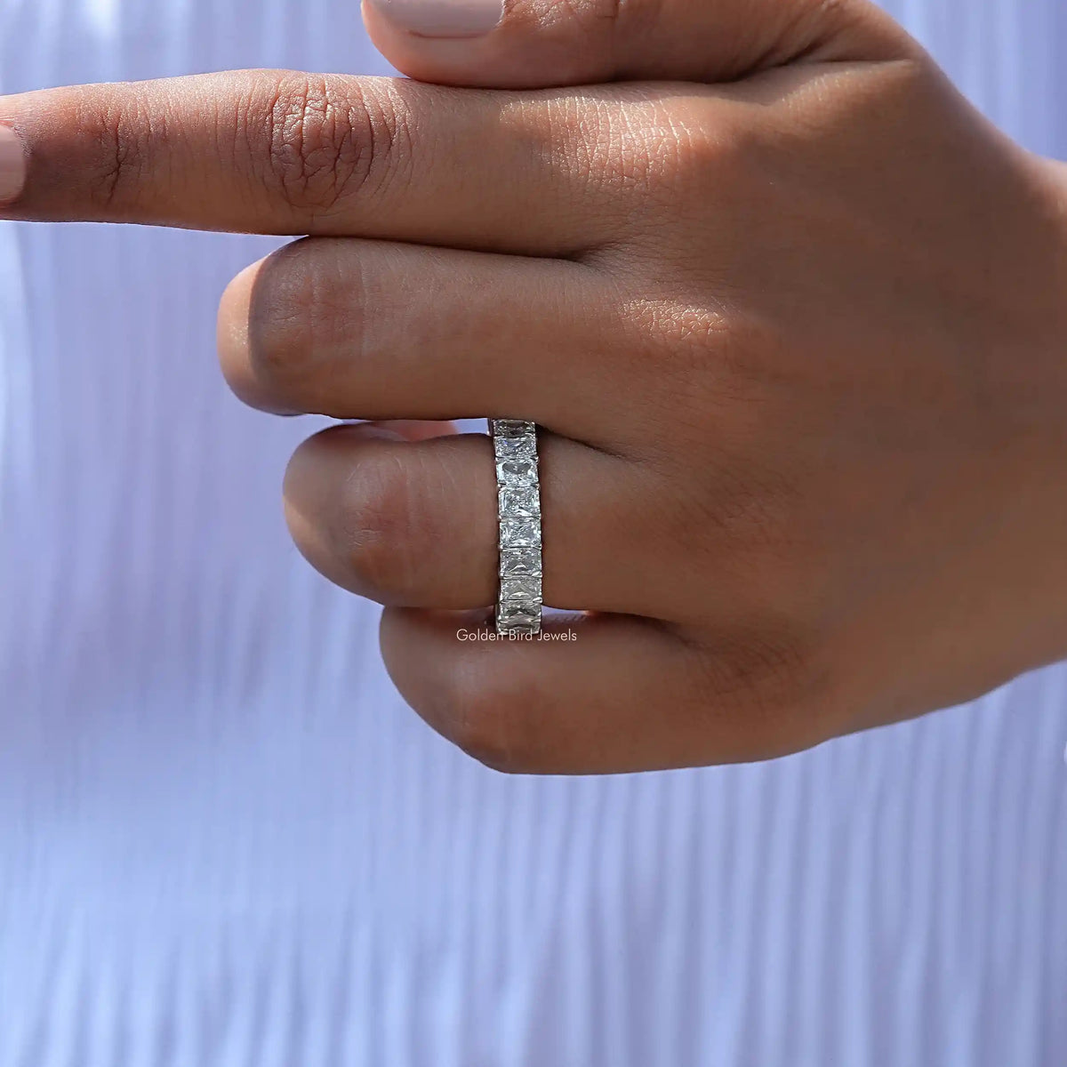 Detailed View of Radiant Cut Lab Diamond Wedding Band In White Gold
