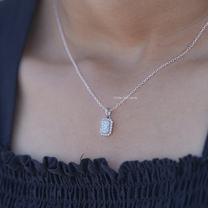 In Neck View of Radiant Cut Lab Diamond Halo Pendant In White Gold