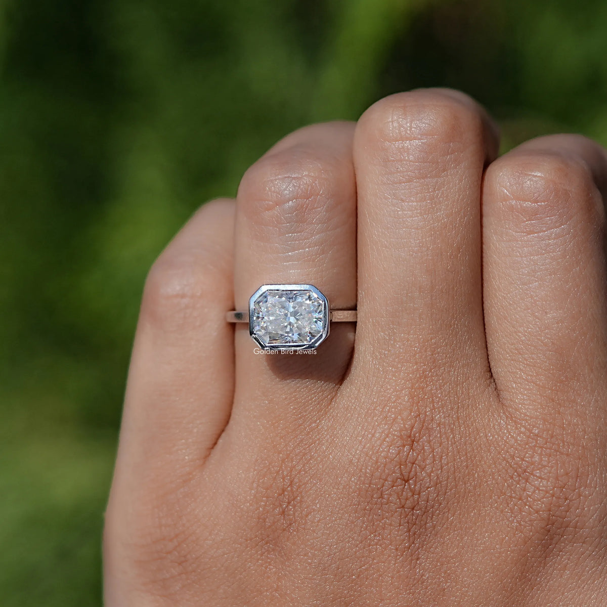 Close view of Radiant Cut Moissanite Solitaire Ring