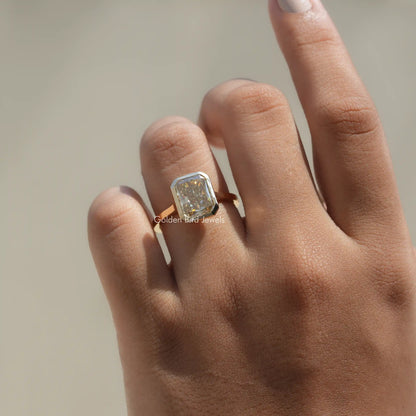 Moissanite Radiant Cut Solitaire Ring In Bezel Set In Finger