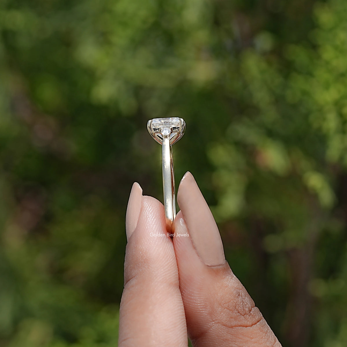 Side View of Radiant Cut Moissanite Three Stone Engagement Ring