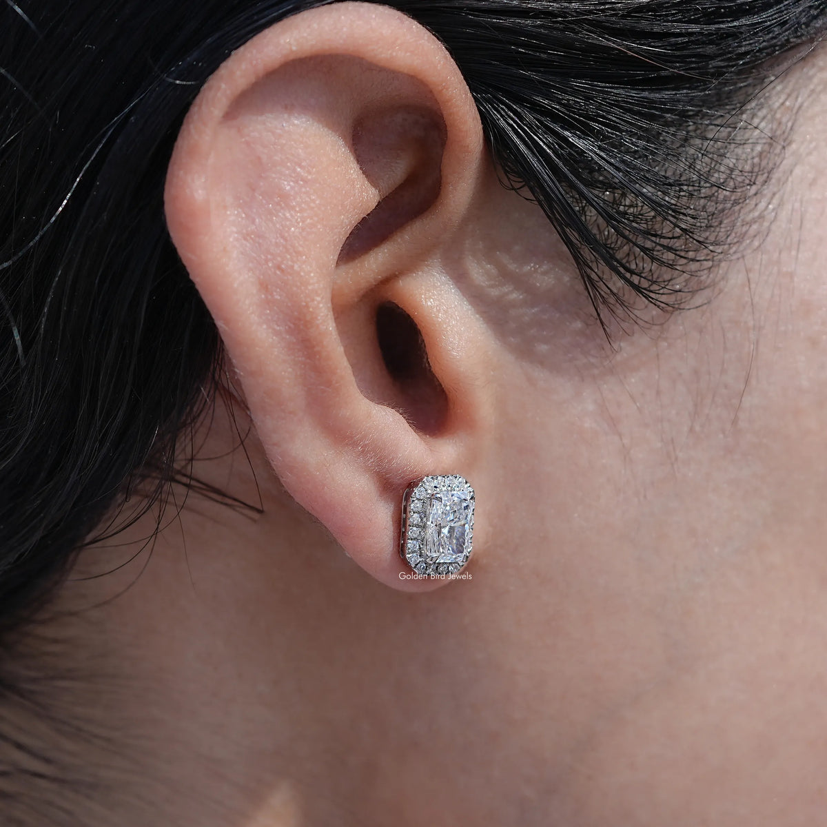 Front View Of Radiant Shaped Diamond Stud Earrings In Ear's