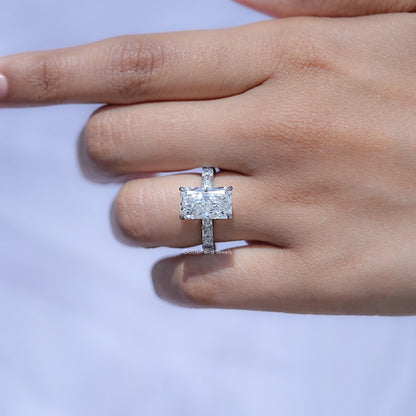 Radiant-cut lab diamond ring with square center stone and baguette side accents