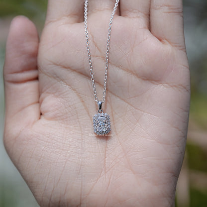 In Hand Showing of Lab Diamond Radiant Cut Halo Necklace