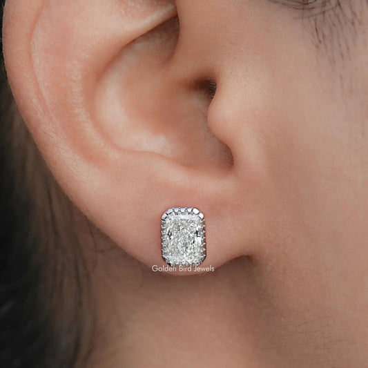 In Ear view of Milgrain Radiant Cut Lab Diamond Stud Earrings