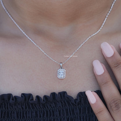 Detailed View of Halo Diamond Pendant in Radiant Cut