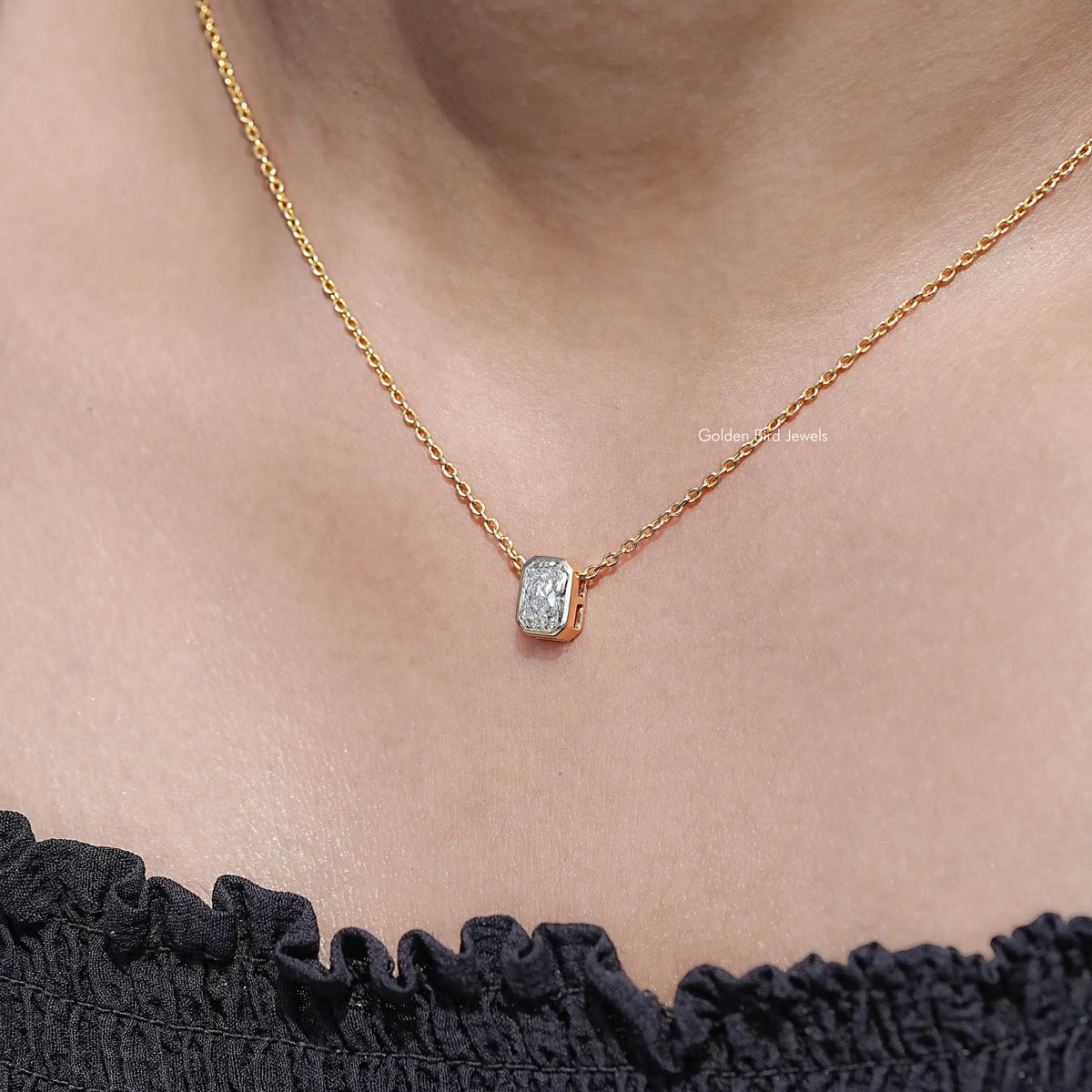 neck View of Radiant  Cut Lab Diamond Bezel Set Solitaire Pendant
