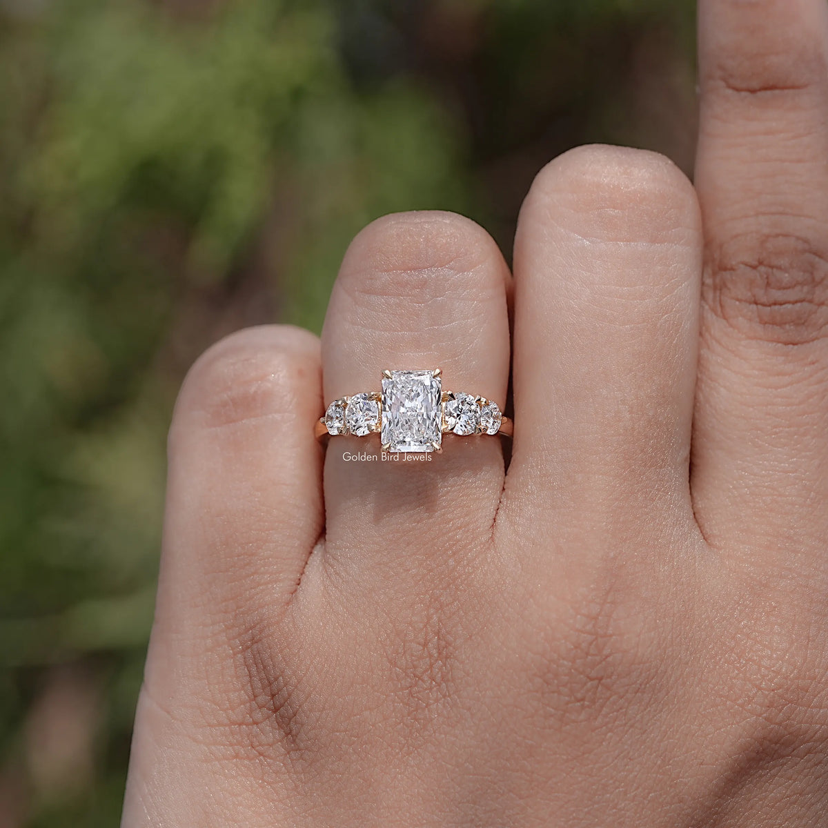 Front view of Radiant Lab Diamond Five Stone Engagement Ring