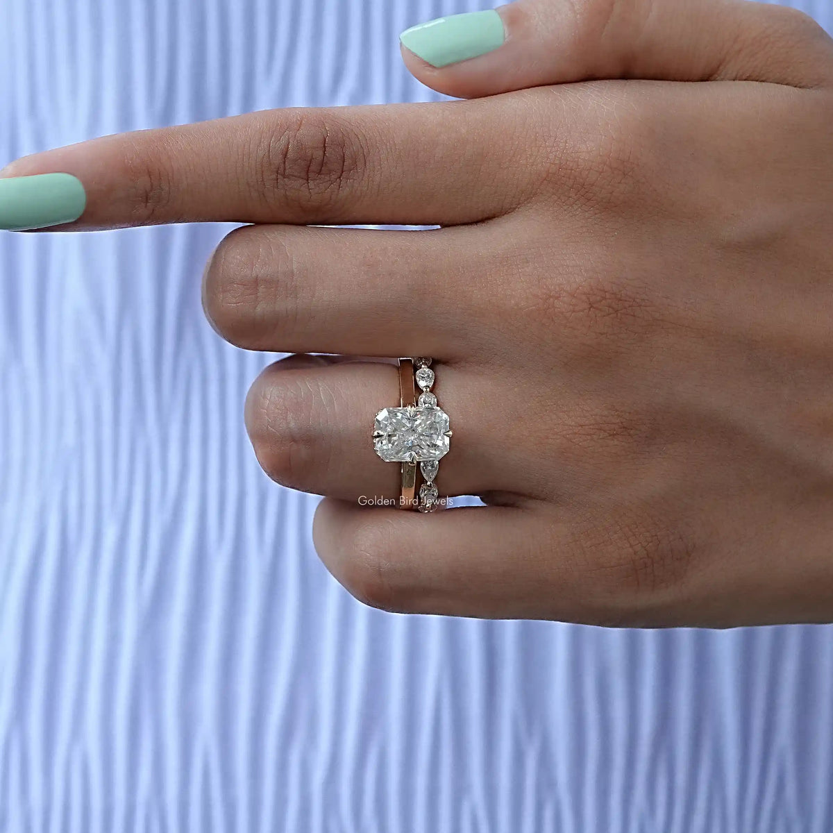 Profile View of Radiant Cut Moissanite Ring Set