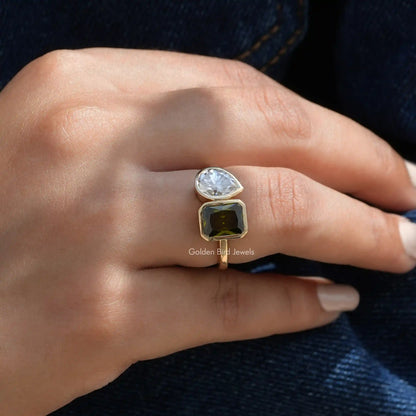 View of Radiant And Pear Cut Moissanite Ring In Finger
