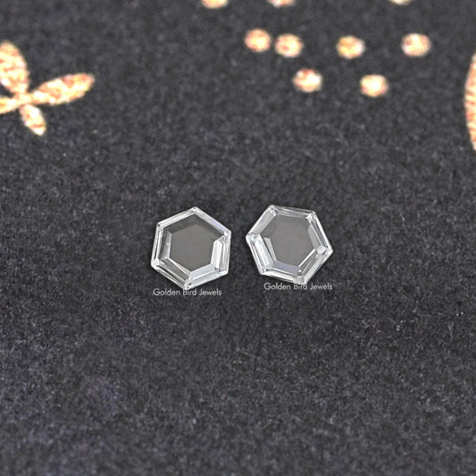 Loose hexagon lab-grown diamond pair, two clear faceted stones