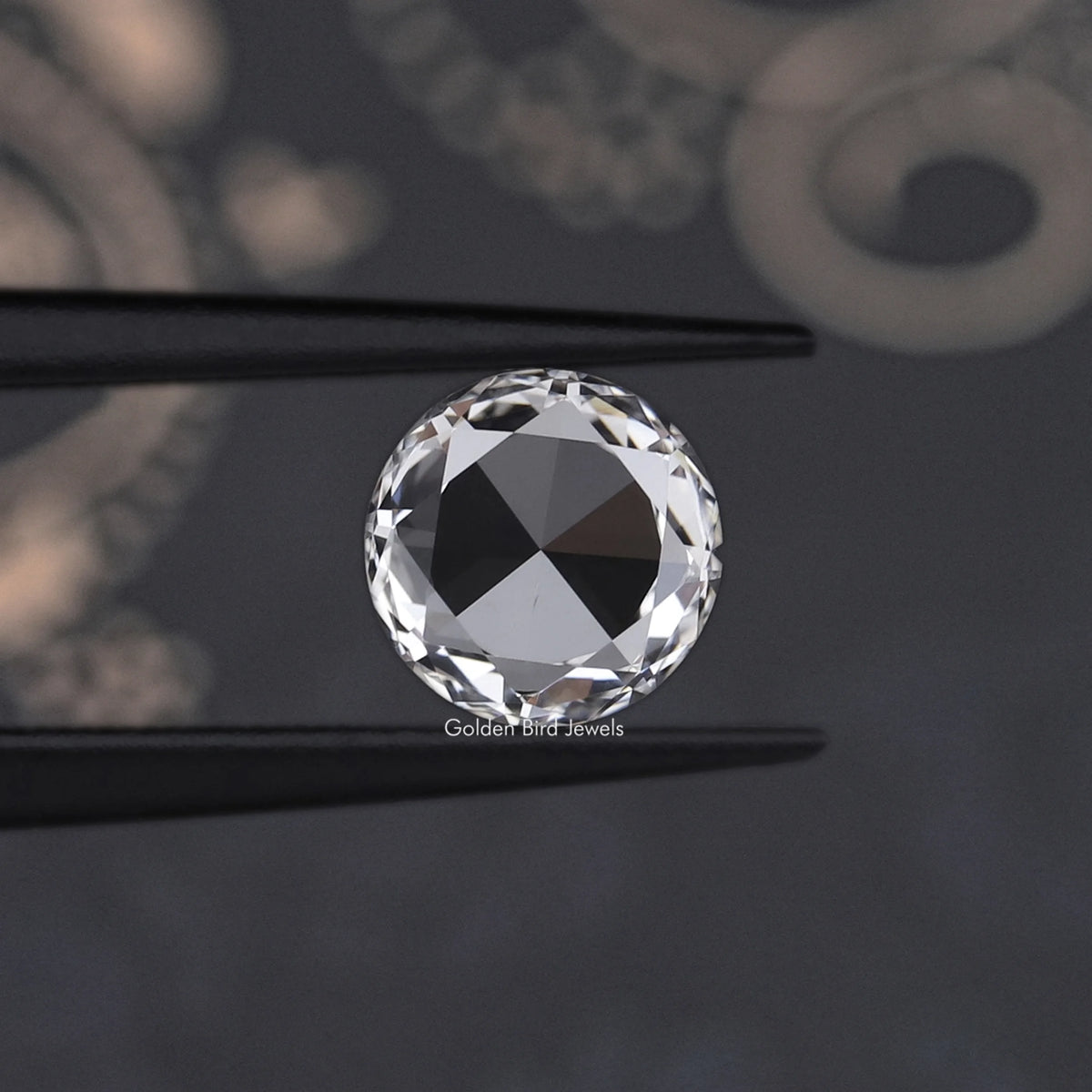 Round rose-cut lab-grown diamond held between two black prongs, centered view