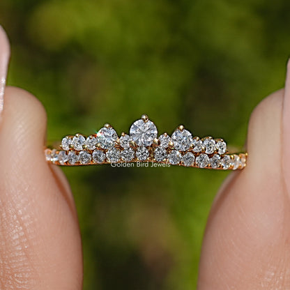 Round-stone moissanite band ring with arched center cluster, silver-tone, prong set