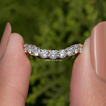 Silver-toned eternity wedding band with round-cut lab diamonds, full row