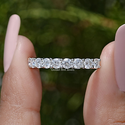 Half eternity moissanite band with clear round-cut stones on silver-tone ring
