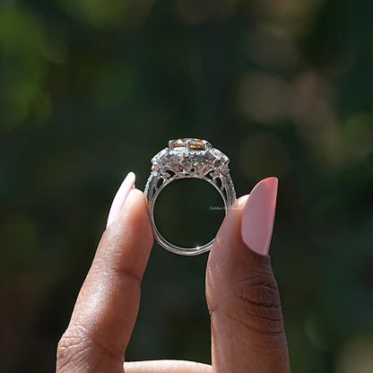 Silver halo cluster ring back view showing open setting and prongs