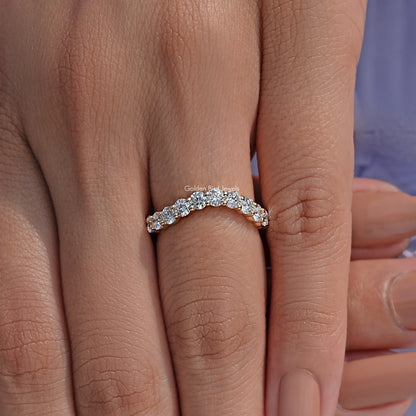 Silver-toned eternity wedding band close-up with round-cut lab diamonds