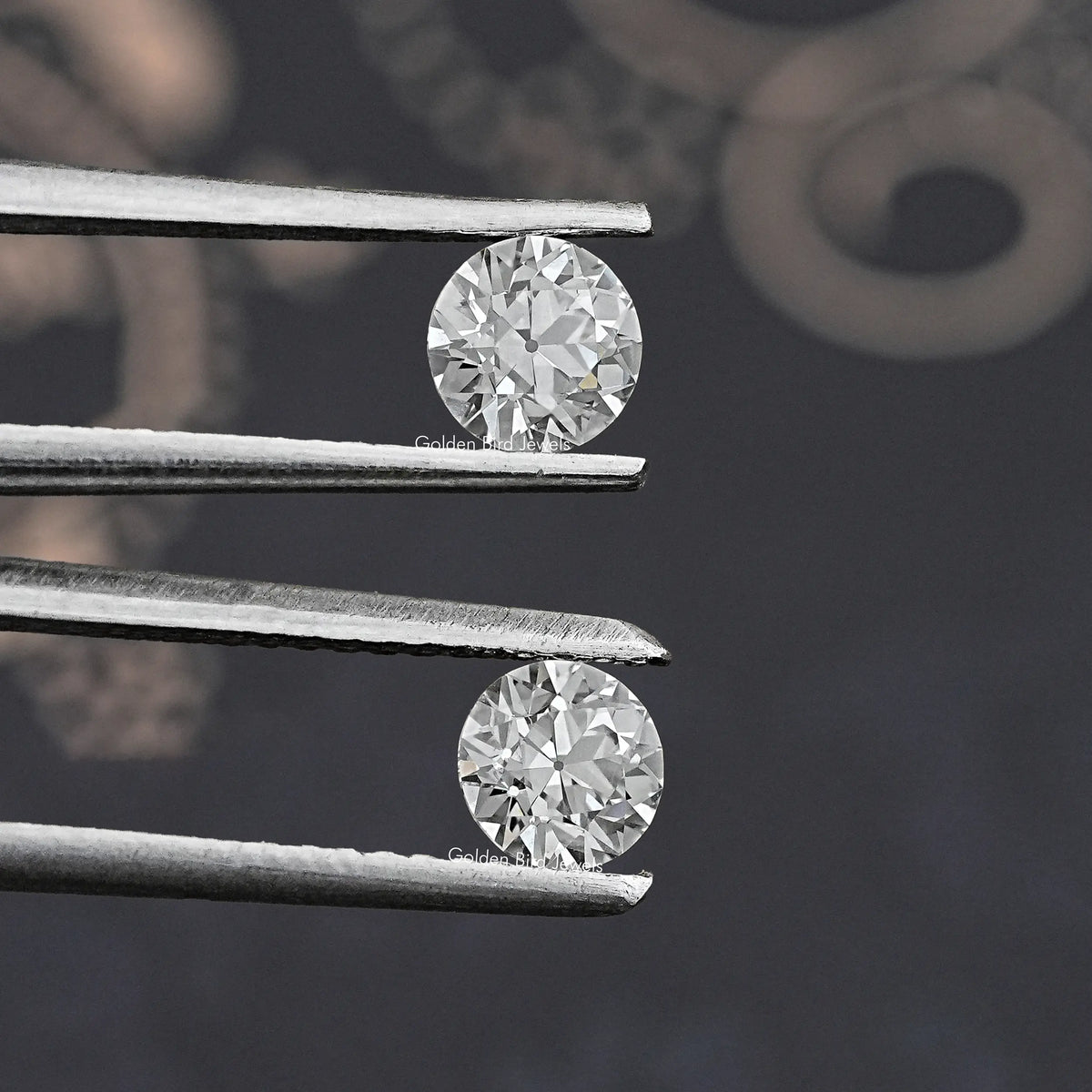 Prong-set pair of round old European diamonds, close-up between metal prongs
