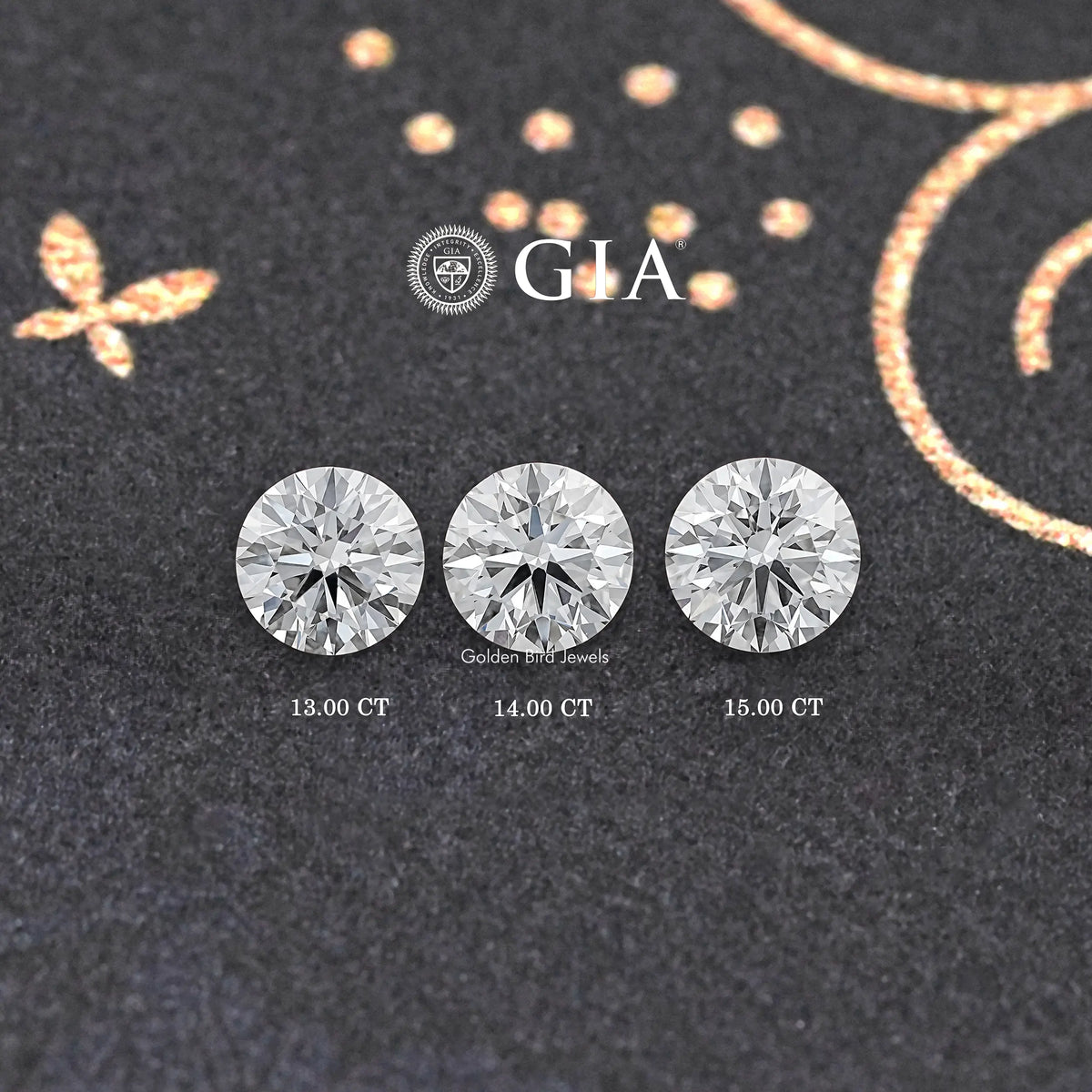 Three round-cut lab-grown diamonds: 13.00 CT, 14.00 CT, 15.00 CT