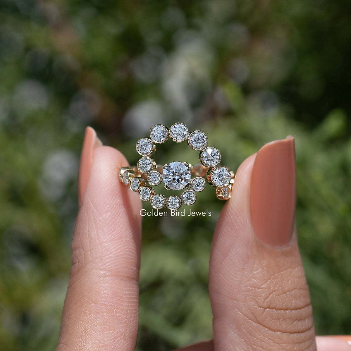 10k yellow gold moissanite engagement ring with round halo spiral of stones