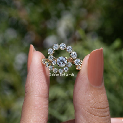 10k yellow gold moissanite engagement ring with round halo spiral of stones