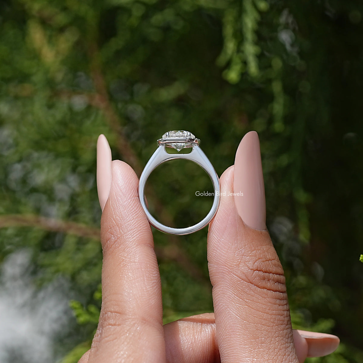 Back view of round halo moissanite promise ring in 925 sterling silver band