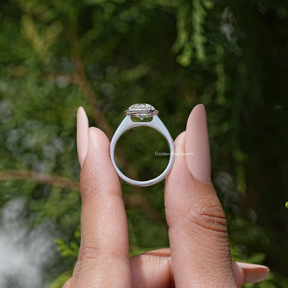 Back view of round halo moissanite promise ring in 925 sterling silver band