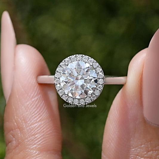 Round moissanite halo promise ring in 925 sterling silver, center stone with pave