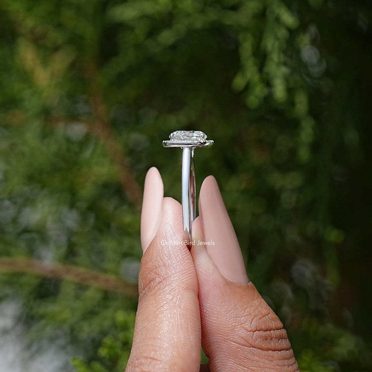 Top view of round moissanite halo ring in 925 sterling silver with prongs