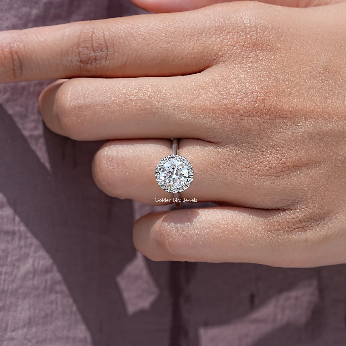 Round halo moissanite ring, 925 sterling silver band, side profile