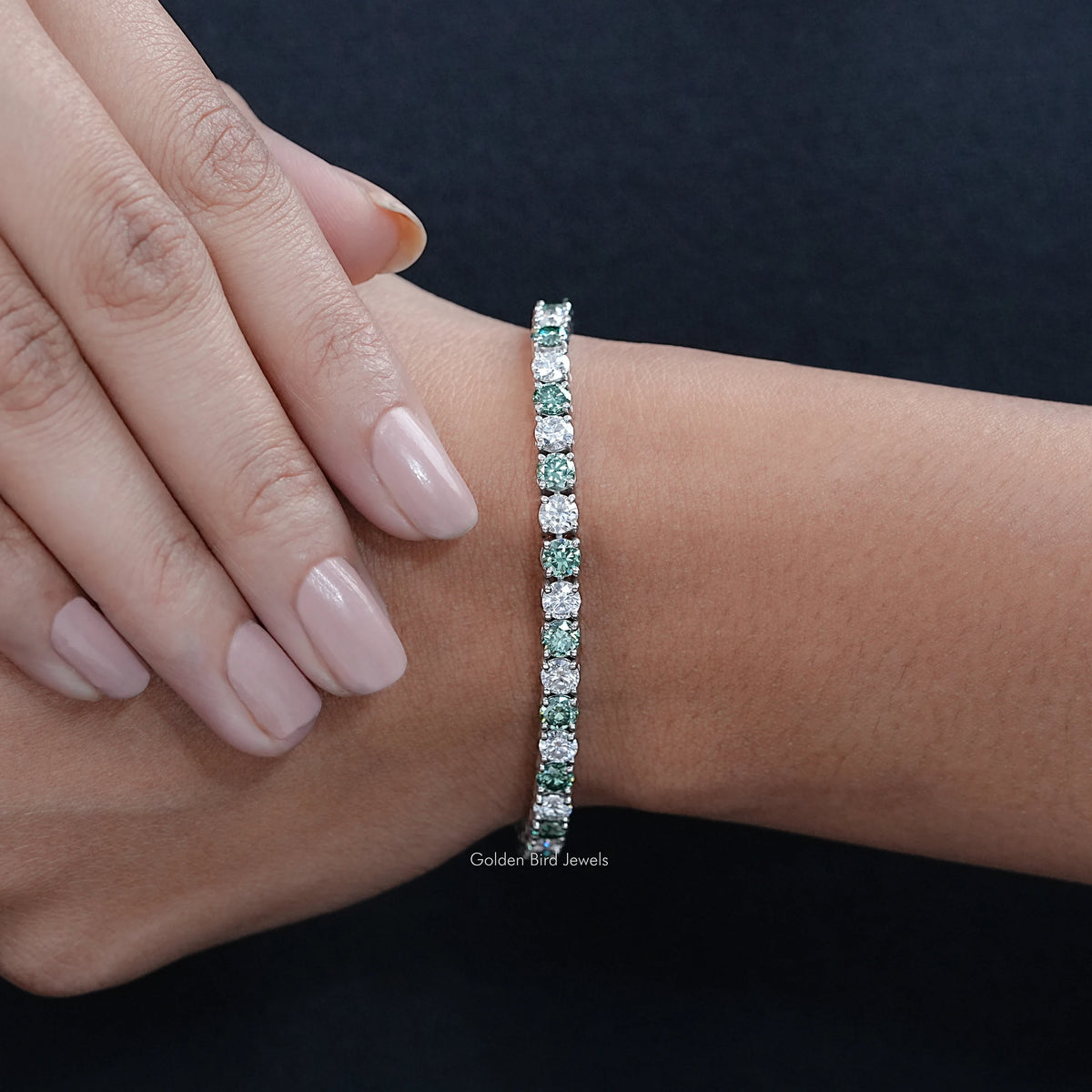 Front Back Side And Detailed View Of  Alternative Green Round Cut Moissanite Tennis Bracelet