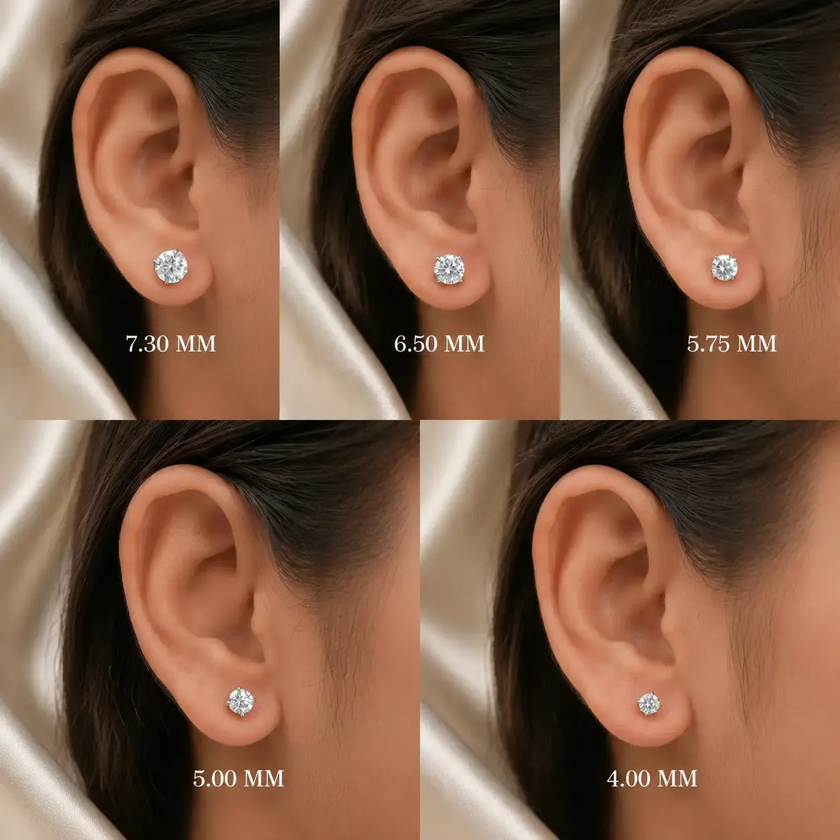 Round moissanite solitaire stud earrings on ear, size labels shown from 7.30 to 4.00 mm.