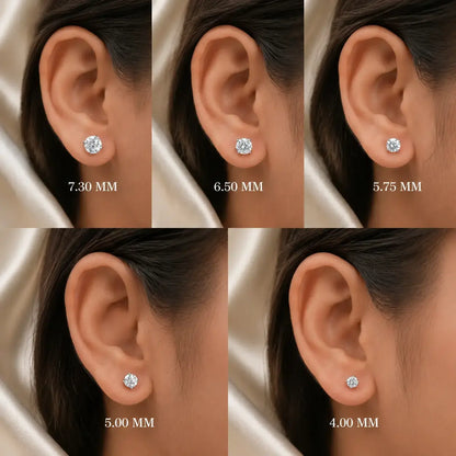 Round moissanite solitaire stud earrings on ear, size labels shown from 7.30 to 4.00 mm.
