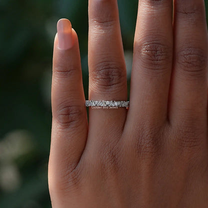 Silver half eternity band ring with round and baguette lab diamonds, side view