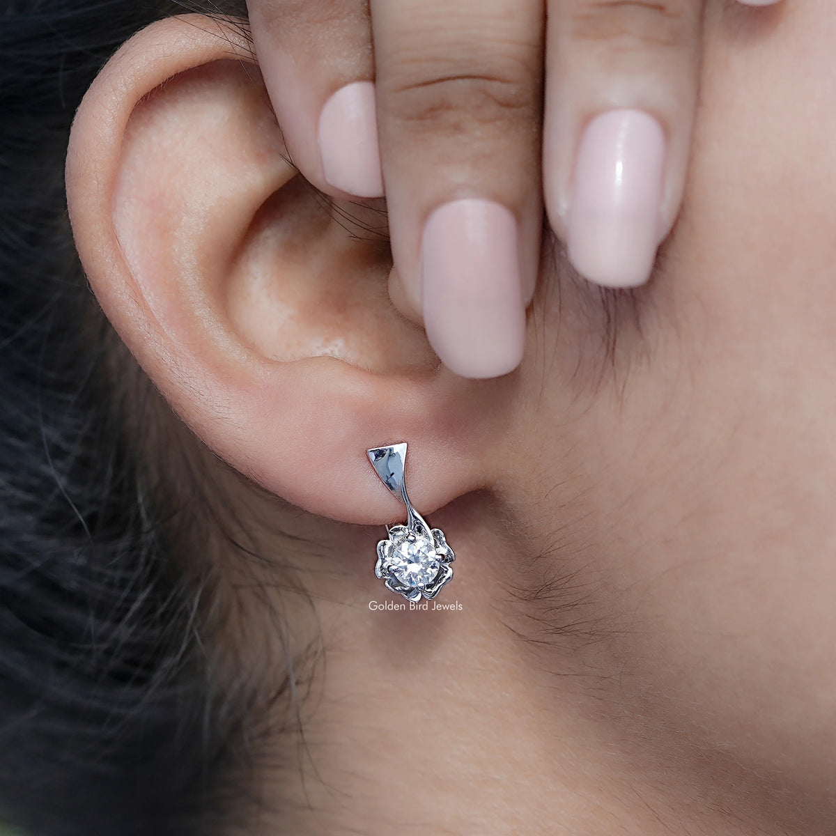 Silver colorless moissanite cluster drop earrings with triangular top, close-up