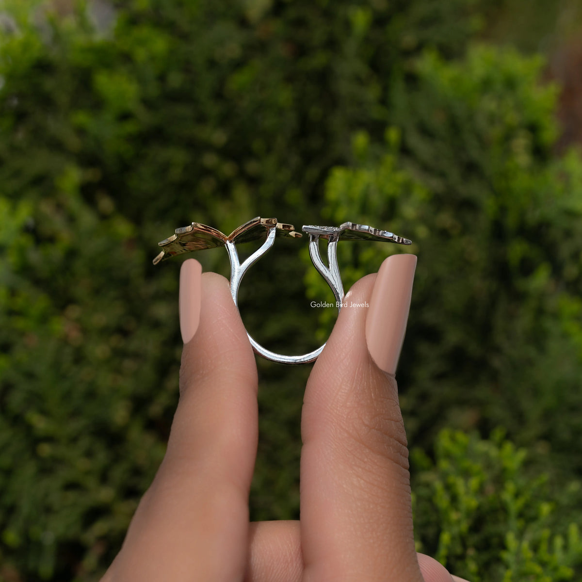 Silver butterfly cocktail ring showing shank and wing motifs with round stones
