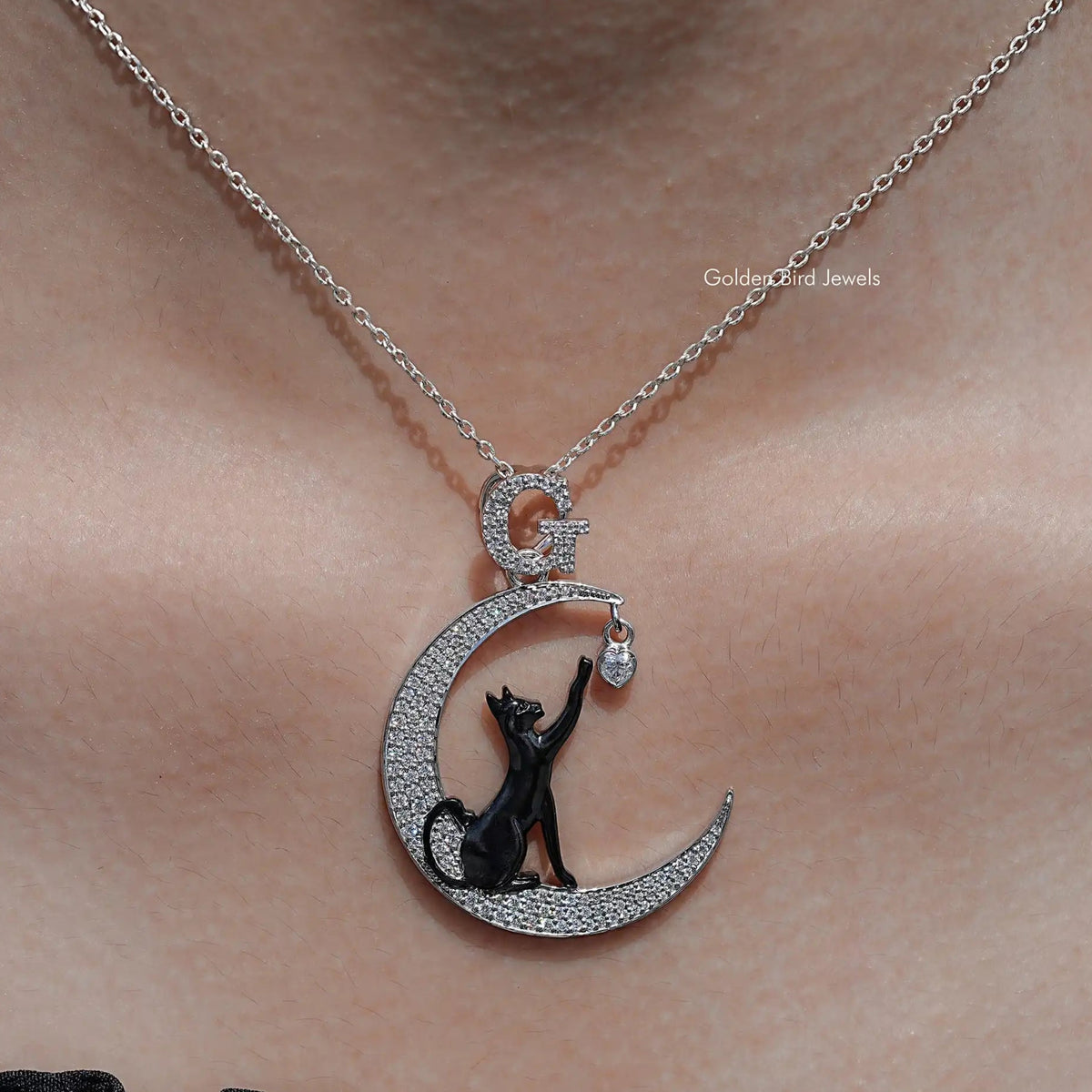 Front View of Round Cut Cat And Moon Moissanite Pendant