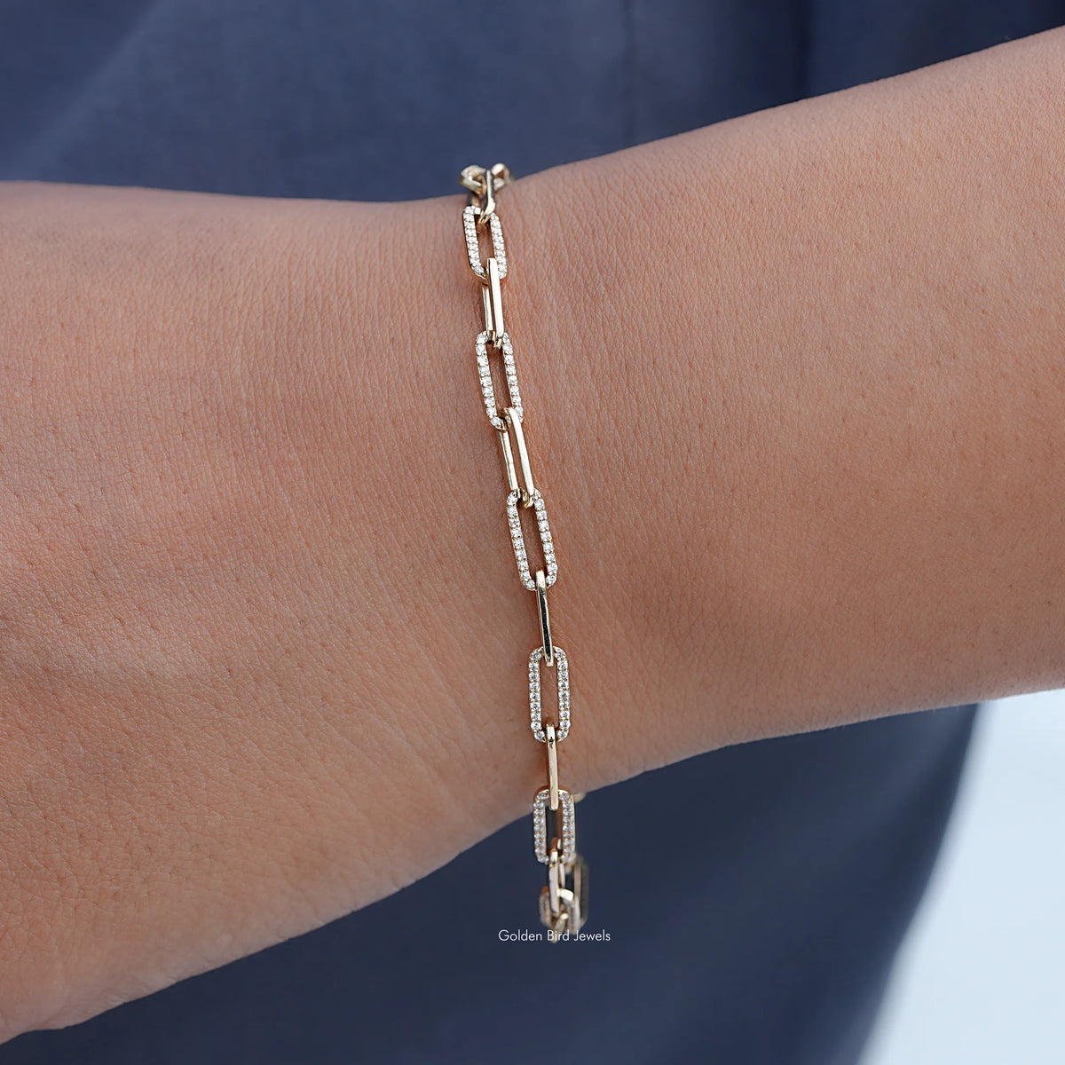 In Hand Showing View Of Lab Diamond Round Cut Link Bracelet