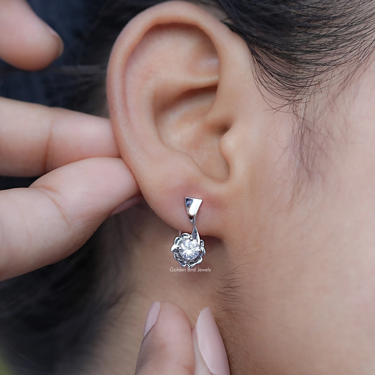 Silver drop earrings with colorless round moissanite cluster and triangular top