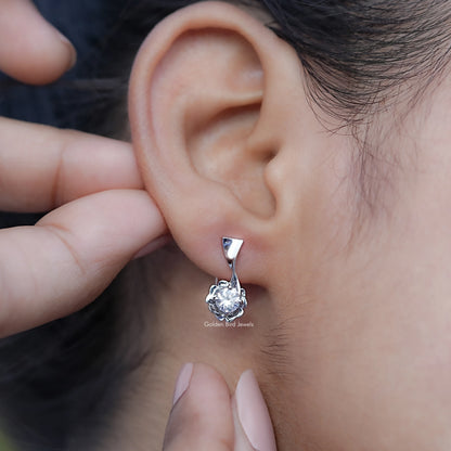 Silver drop earrings with colorless round moissanite cluster and triangular top