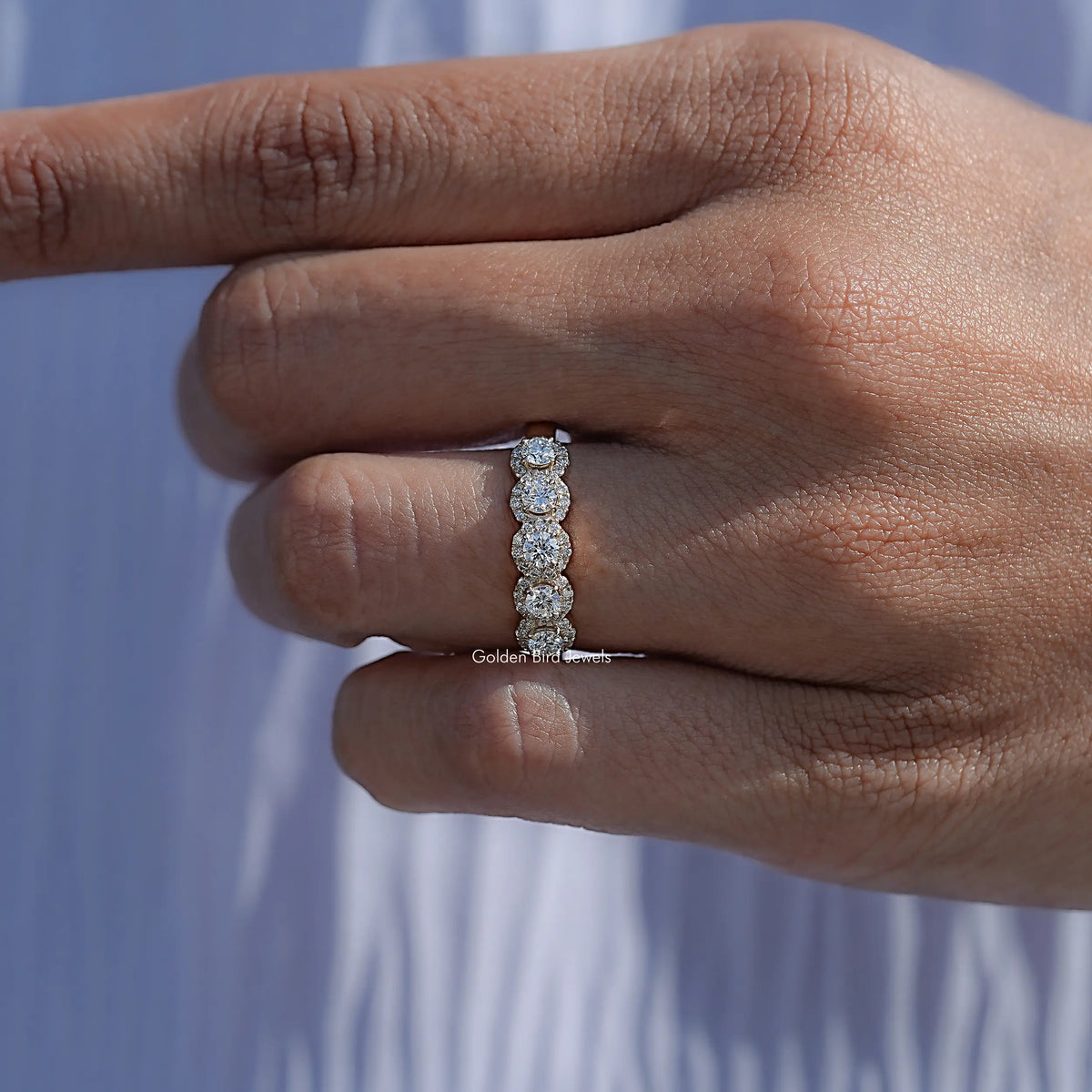 Close View Of Round Cut Lab Diamond Five Stone Halo Band
