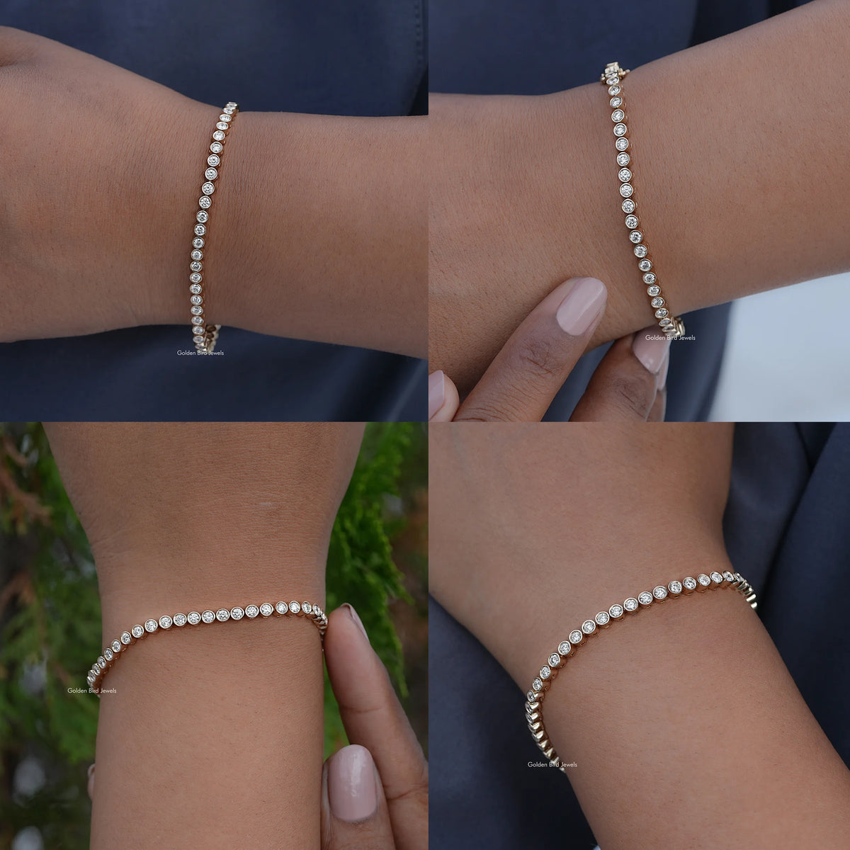 Front Back Side And Detailed View Of Lab Diamond Round Cut Tennis Bracele