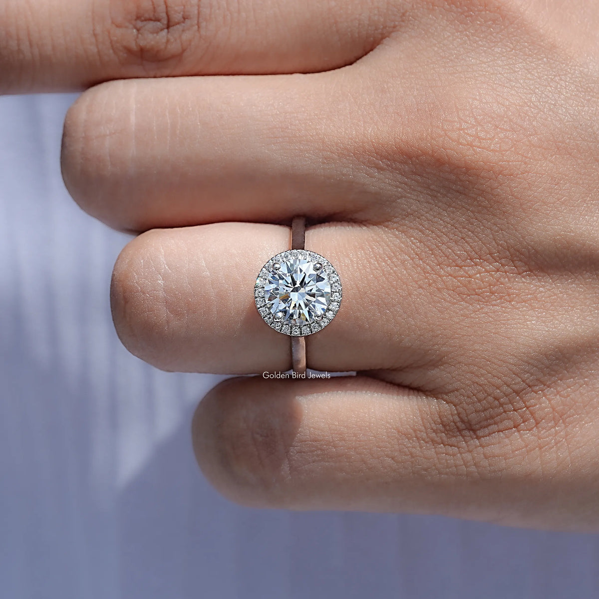 Close View Of Round Lab Diamond Halo Engagement Ring	
