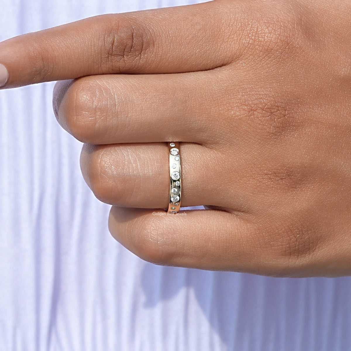 View of Flush Set Round Cut Full Eternity Diamond Ring In Yellow Gold