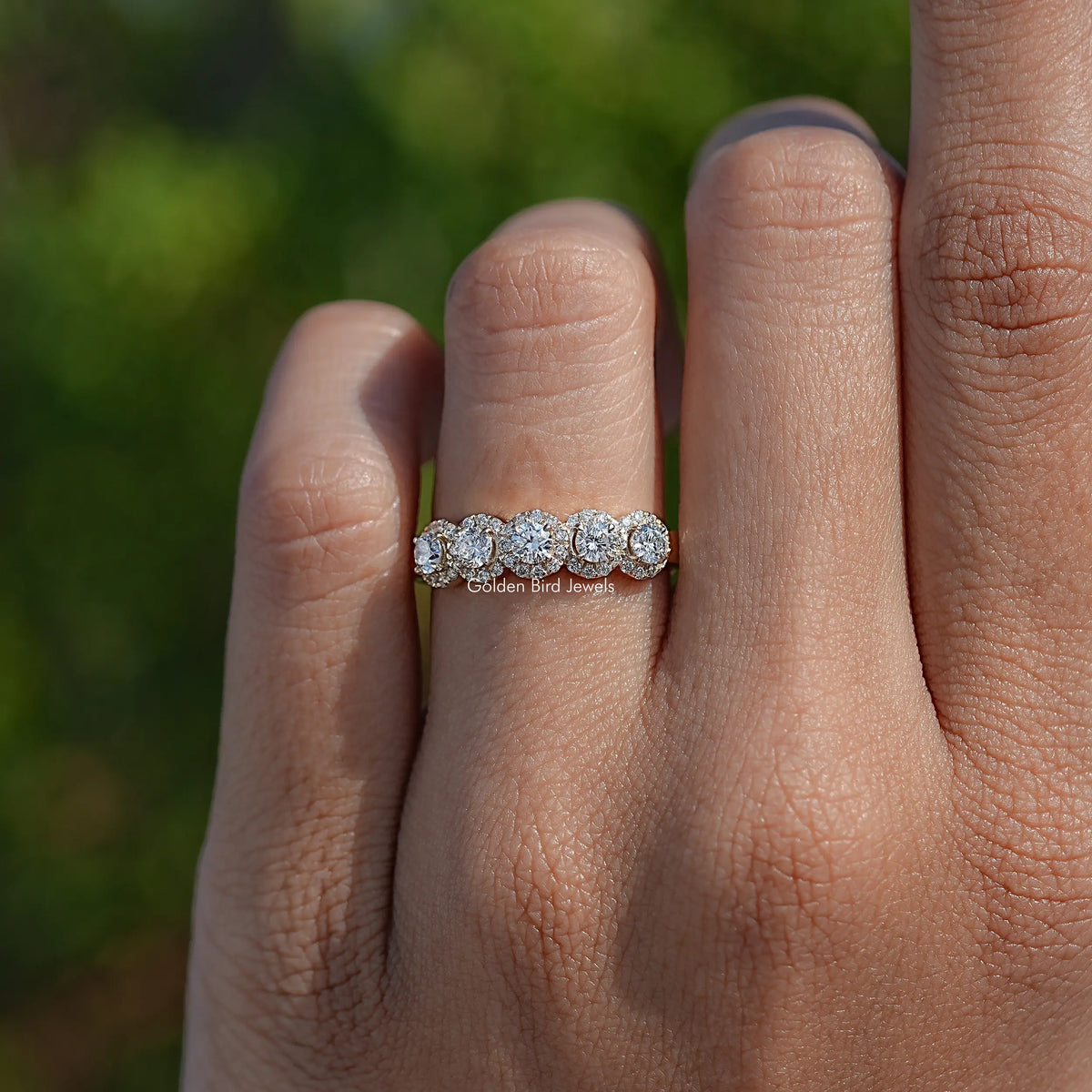 Top View Of Lab Diamond Round Five Stone Halo Band
