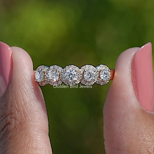 Front View of Round Cut Lab Diamond Five Stone Halo Band
