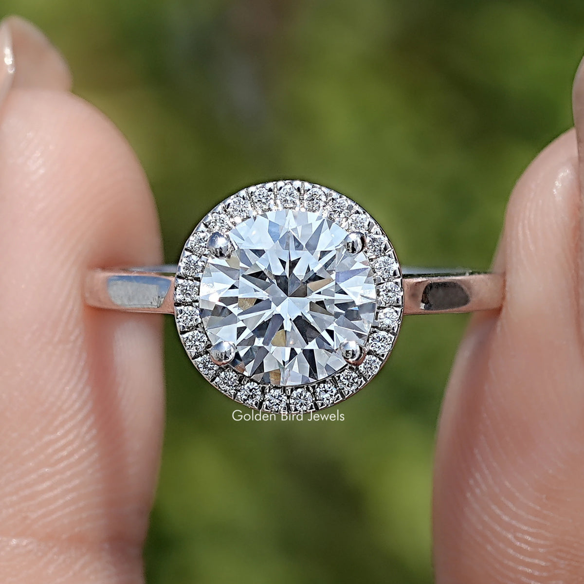 Front View of Round Cut Lab Diamond Halo Engagement Ring
